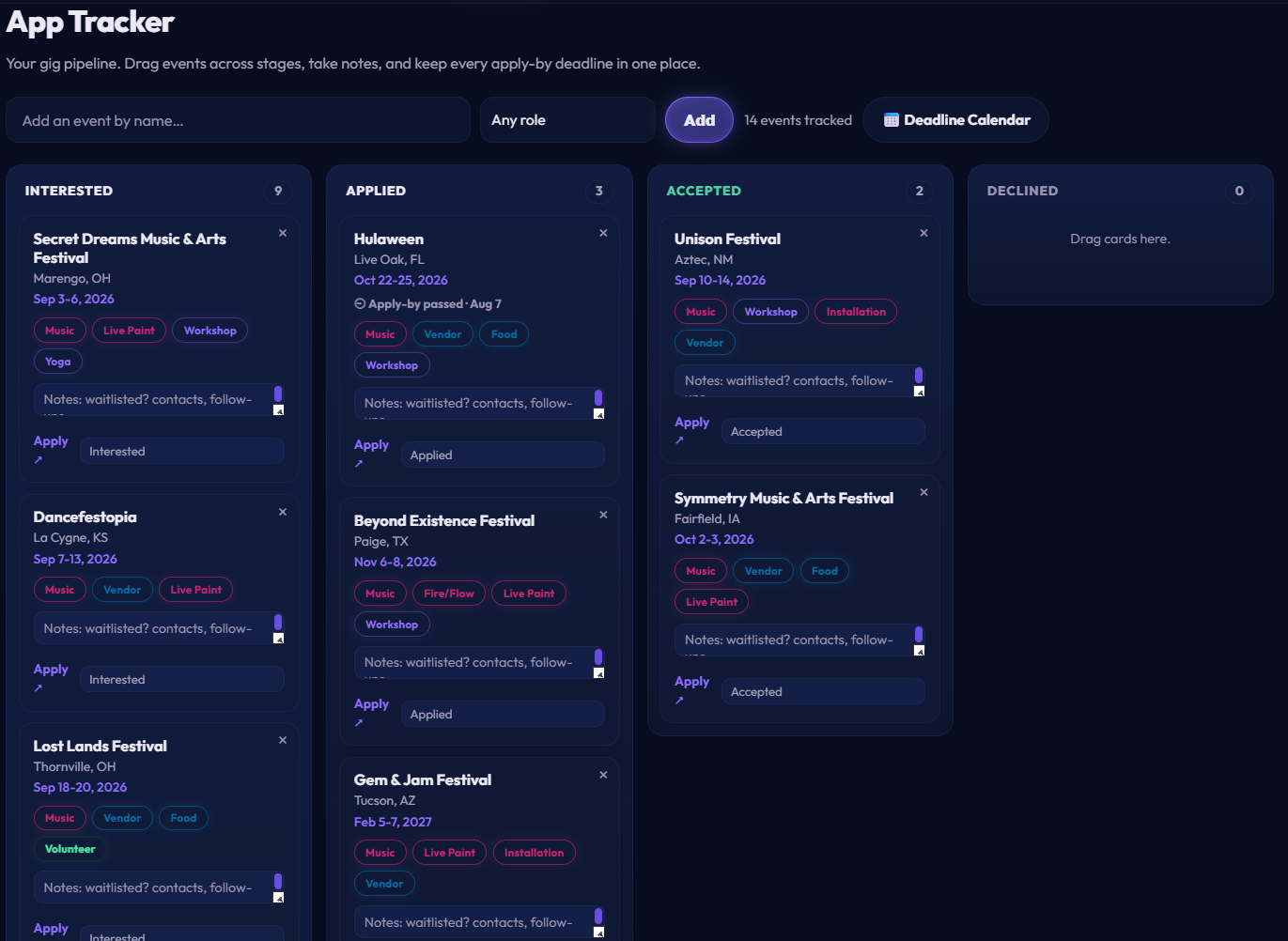 App Tracker Kanban board with festivals across stages